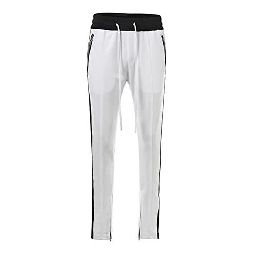 ONCEGALA Men's Side Stripe Ankle Zip Drawstring Trackpants (White/Black, M)