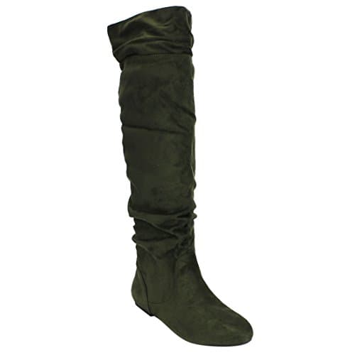 DA VICCINO TOP-01 Women's Slouch Side Zipper Flat Fold Cuff Knee High Boots, Color:OLIVE, Size:11
