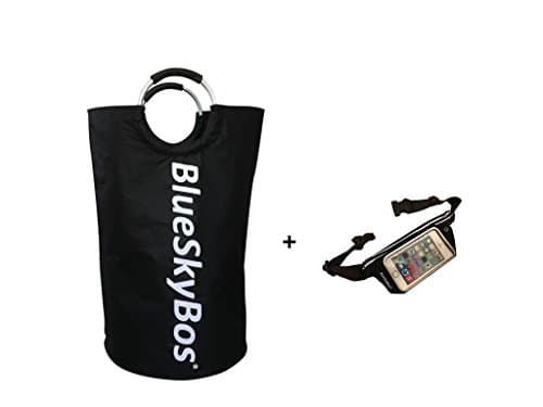 BlueSkyBos Collapsible Pop-up Foldable Laundry Utility Bag Bin Hamper with Aluminum alloy ring handles rubber foam grip Heavy Duty Self-Stand Double sided Lightweight for Home College Travel (Black)