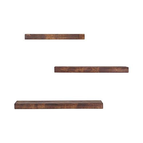 Floating shelves w invisible, blind hangers by THE FALLING TREE. (set of 3) 16''Wx2"Hx5.5D / 20"Wx2"Hx5.5D and 24"Wx2"Hx5.5"D in Dark Walnut stained pine.