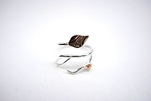 Mokume Leaf Asymmetrical Roots Ring with Raw Gold Accent (Antler Root Branch Nature Inspired Adjustable Twist Ring with Silver and Copper Mokume Gane Leaf and 14k Yellow Raw Gold Accent)