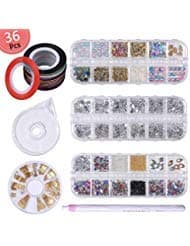 Nail Art Decoration Kit, 36Pcs Nail Rhinestones Set Multi-Size Jewels Metal Nail Rivets Studs Colorful Nail Art Supplies, Nail Art Striping Tape & Striping Roller Box