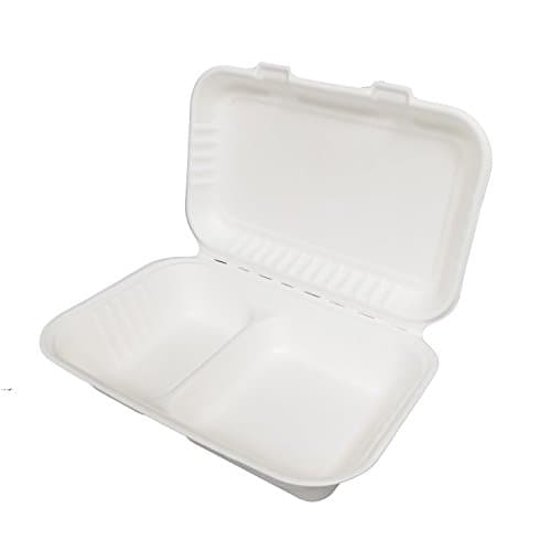 Earthable- Eco-Friendly, 100% Compostable, Renewable and Recyclable, with Sugarcane Fiber Heavy Duty Disposable Take Out Container Clamshell Boxes (125 Piece, 9"x 6"x 3" w/2 Compartments)