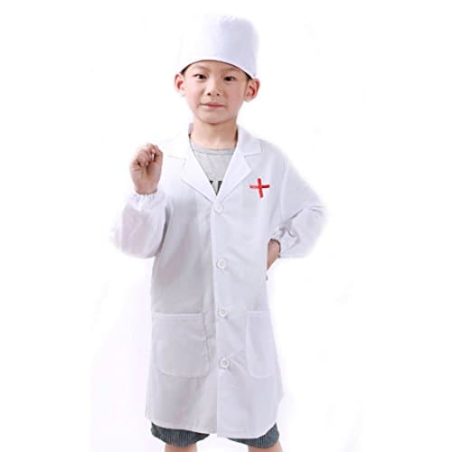 Kids Lab Coat With Cap For Kid Scientists or Doctors Role Play Costume Dress-Up Set (Small, White)