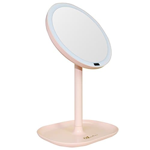 Makeup Mirror, MissMeeca Natural Daylight Lighted Vanity Mirror Tabletop 360 Degree Swivel with Infrared Sensor, 30 LEDs, 7x Magnification Cosmetic Bathroom Mirror(Pink)