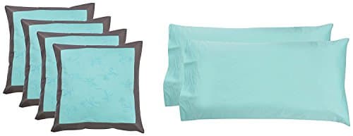 LINENWALAS 100% Cotton -2 Pillow Case With 4 Cushion Covers, Soft Like Silk, Hypoallergenic,Breathable & Cooling Sateen,Hotel Luxury Pillow Cover With Embroidery Cushion Cover-- Turquoise/Aqua