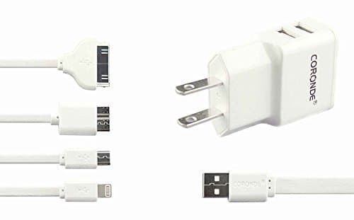 CORONDE® Dual USB Wall Charger 2.1A &amp; 4 in 1 Charging Cable 4Feet,Include:8 Pin Cable,30 Pin Cable,USB 3.0 Cable and Micro USB Cable for iphone,iPad,Samsung phones and most Android Phones(White)