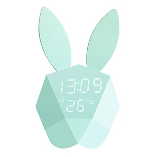 Estiq Cute Rabbit Bunny Digital Alarm Clock, Rechargeable LED Night-Light Voice Control Sound Sensitive, Time, Temperature Digital Display, Strong magnetic Adsorption Bedroom wall lamp (Pink)