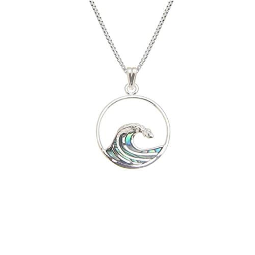 Medium Sterling Silver 925 Genuine Abalone Shell Wave Pendant Necklace
