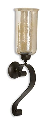 Intelligent Design Iron Scroll Amber Glass Wall Candle | Old World Sconce Holder