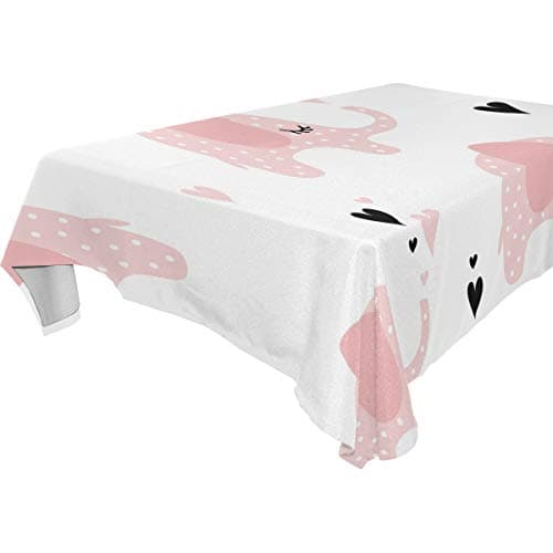 Decorative Table Cloth Pink Elephants Black Heart Pattern Dining Room Kitchen Rectangular Fabric Table Cover 54 x 72 Inches Party
