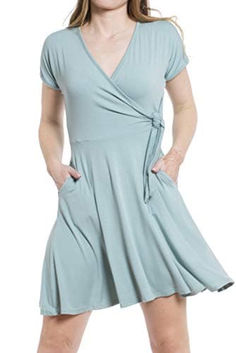 Daisy Del Sol Women's Casual Surplice Crossover Wrap Tie Deep V-Neck Flare Swing Soft Summer Fall Pockets Sundress Dress