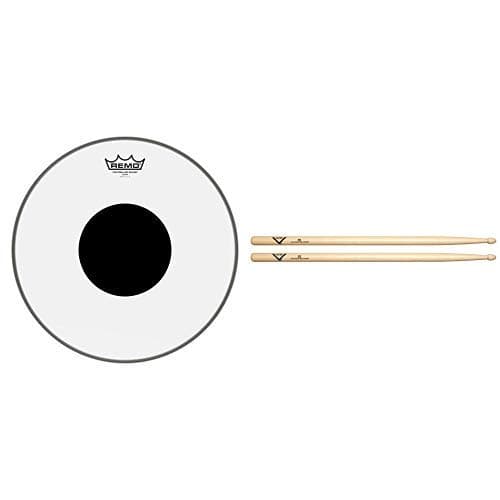 Remo Controlled Sound Clear Drum Head with Black Dot - 14 Inch with Vater 5B Wood Tip Hickory Drum Sticks, Pair