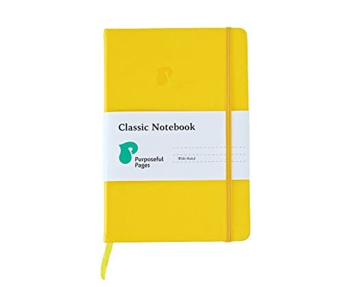 Classic Leather Hardcover Writing Notebook: A5 Notebooks with Bookmark, Elastic Band &amp; Pocket for School, Business or Travel - 192 Pages - Wide Ruled Ivory Lined Paper - Yellow - 5.8 x 8.3 Inches