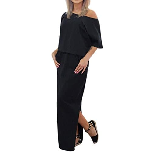 OOEOO Summer Dress, Women Split Long Loose Maxi Boho Evening Party Dress with Pocket (Black, M)