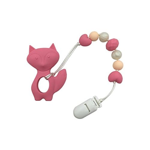 Fox Teether Of Silicone Teething Pacifier Clip - Silicone Universal Soother Clip - Baby and Mommy Beads Silicone Teething (Pink)