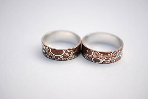 His and His Couple's Ring Set Wood Grain Metal Ring Band (Set of Two Sterling Silver & Copper 6mm thick Mens Mokume Gane Rings)