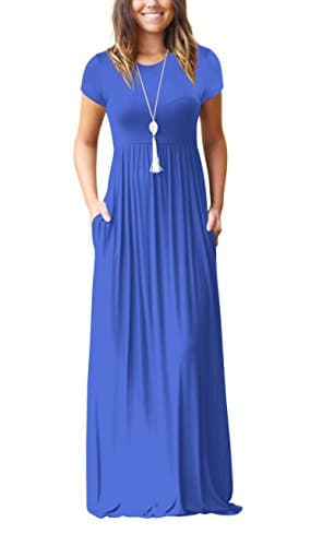 ZIKKER Women Short Sleeve Solid Color Loose Plain Long Maxi Dress Casual Pockets Dresses Blue Medium