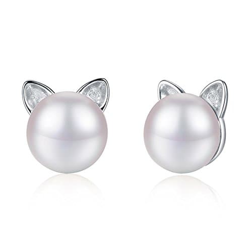 cute cat stud earrings Cultured Cat ，Pearl Stud Earrings, Classic Fashion Cat Stud Earrings,Little Cute Cat Stud Earrings For Women Girls