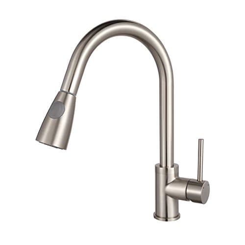 YAJO Modern Swivel Rotating Spout Kitchen Vessel Sink Single Handle Faucet With Pull Out Sprayer, Brushed Nickel Finish