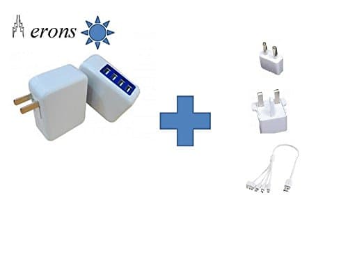 AERONS 4 usb port charger with folding plug for iPhone/iPad/Samsung+ travel plugs for Europe and Asia + 4 in 1 Multi Charging Cable for iphone/ipad/Samsung/Tablet
