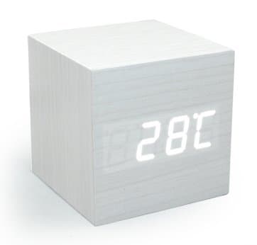 Mini White LED Wooden Alarm Clock Displaying Time Temperature Voice Touch Activated for Desktop Home Office (White)