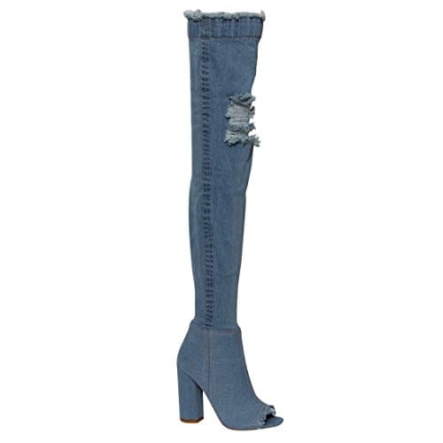 PAZZLE Una-01 Thigh High Over Knee Stretch Denim Open Toe Block Heel Boot Lite Blue