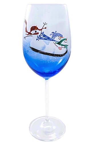 Snowfolks Stemware Collection, Winter Blizzard Thrilling Sled Ride for 3 Cute and Funny Snowmen, 20 Ounce Large, Unique Painted Wine Glass Design Decorated with Snowflakes, Cobalt Blue Glassware