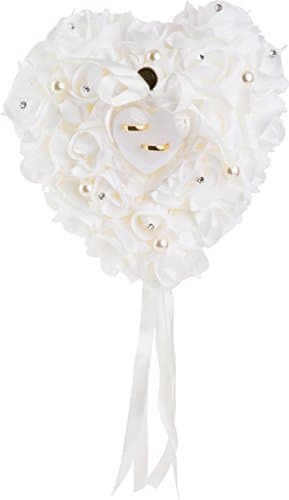 White Heart-Shaped Floral Wedding Ring Pillow with Ring Holder Box by WorldofWeddings - 10.2" x 10.2" x 4.5"