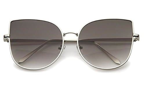 Cat Eye Mirrored Flat Lenses Slim Thin Light Metal Frame Women Sunglasses (SilverFrame/SmokeLens)