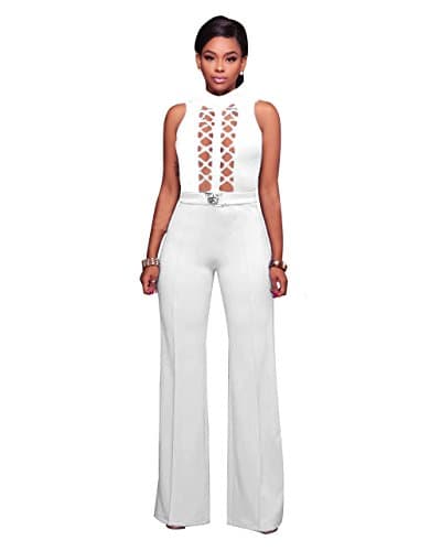Women's Sexy Mesh See Through Top Open Back Loose Long Wide Leg Jumpsuits Rompers White L