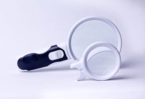 Handheld Magnifying Glass & Loupe for Reading, Hobbies & Detailed Work. 2.5x/10x Lenses. Features Easily Interchangeable Lenses & Bright LED Lights. Large Soft-Grip Handle plus Bonus Storage Pouch