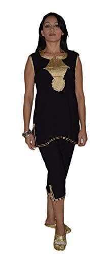 Moroccan Pant Set Caftan Tunic Handmade Soft Cotton Fits Small to Medium Embroidered Black
