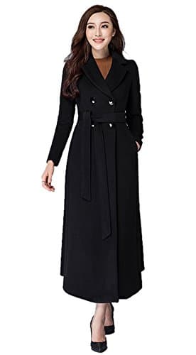 Chickle Women's Notch Lapel Double Breasted Walker Long Wool Coat With Belt