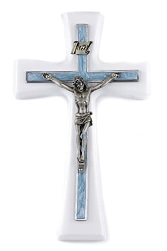 7" White Crucifix, Pink Pearlized Epoxy Cross Overly, 3" Pewter Corpus