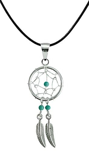 Silver Dream catcher Pendant with turquoise genuine beads Comes with adjustable Japanese Silk Cord necklace.