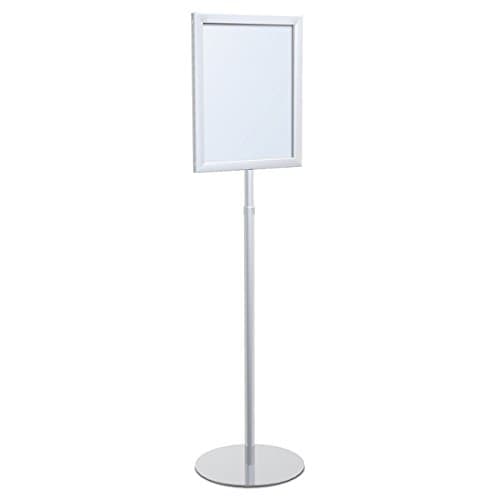 8.5" X 11" Vertical Insert Trendrite Series Pedestal Sign Stand with Open Mitered Frame, Adjustable Telescoping Pole and Elegant Round Base, Silver