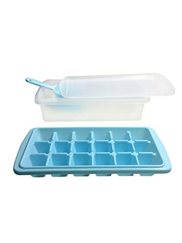 Food Grade PP Refrigerator Chilling Ice Maker/Cube Tray/Mold With No-spill Cover &amp; Scoop - Makes 18 Cubes (Blue)