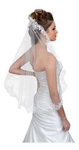 Ossa Bride 1-Tier Bridal Wedding Elbow Lace Veil with Silver Threads & Pearls