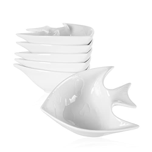 Small White Porcelain Serving Bowls 3.75-Ounce - Set of 6 - For Ceviche, Appetizers, Snacks, Tapas, Dips, Starters - Fish Shape - MARCELITO