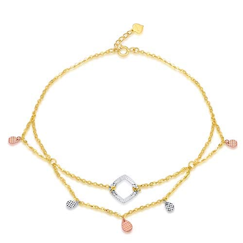 MaBelle 18K Tri-Color Gold Open Square and Dangling Teardrop Anchor Chain Anklet (9")