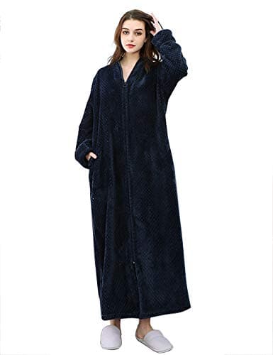Women's Zip Front Bathrobe Premium Flannel Fleece Plush Caftan Soft Long Robe Warm Housecoat