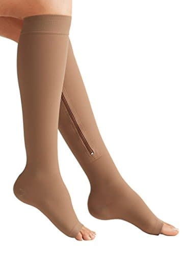 CoolDi Zippered Compression Knee Socks Supports Stockings Leg Open Toe 10mmHg Zipper (Complexion, XXL/XXXL)