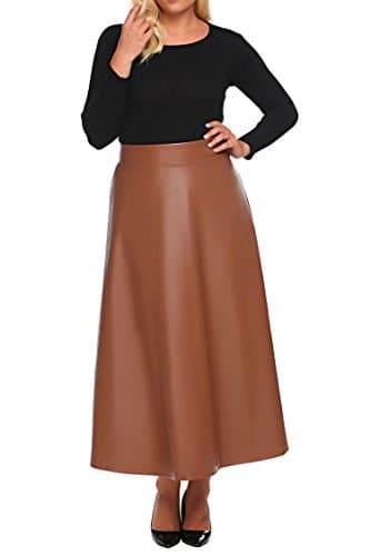 Womens Plus Size High Waist Flared A Line Swing Maxi Leather Skirt for Party Casual