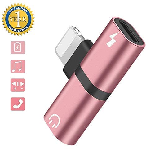 for iPhone Adapter Headset Adapter for iPhone 7/7Plus/8/8Plus/X/Xs/Xs Max/XR Headphone Splitter Adapter for iPhone Dongle 2 in 1 Chargers & Audio Connector Accessories,Support All iOS, Rose-Gold
