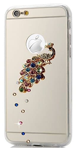 iPhone 7 (4.7") Case,TAIYANYU 3D Handmade Bling Luxury Golden Mirror Soft TPU Design Golden Peacock with Colorful Crystal Shiny Sparkle Diamonds Cover for iPhone 7 4.7 inch(Silver)