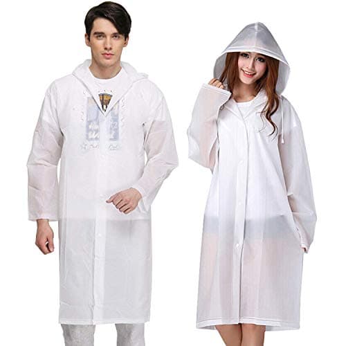 Exptolii Rain Poncho for Adults, 2 Pack Clear Reusable Raincoat Emergency Rain Gear with Hoods and Sleeves White