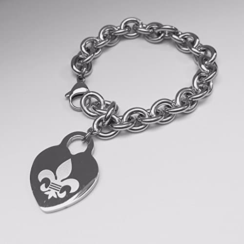 Amythyst Silver Tone Stainless Steel Charm Bracelet with Fleur de Lis / Engravable Heart Pendant