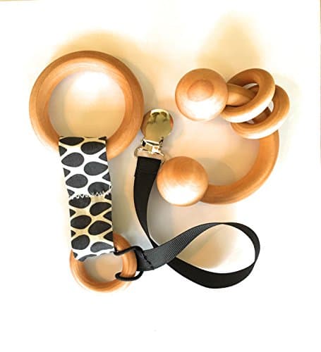 Infant toy set, organic ring toy and rattle teether with a toy tether or pacifier leash