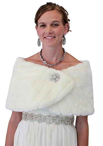 Tion Design Bridal Fur Wrap, Wedding Shawl One Size, Ivory Free Brooch